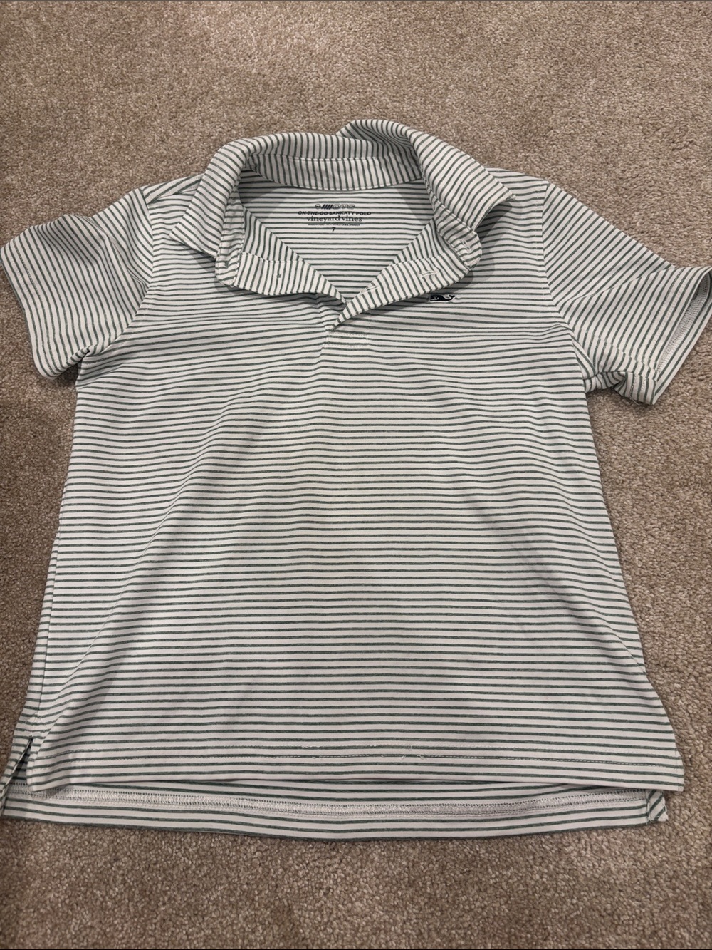 Vineyard Vines Boys White Polo with Thin Heathered Green Stripes